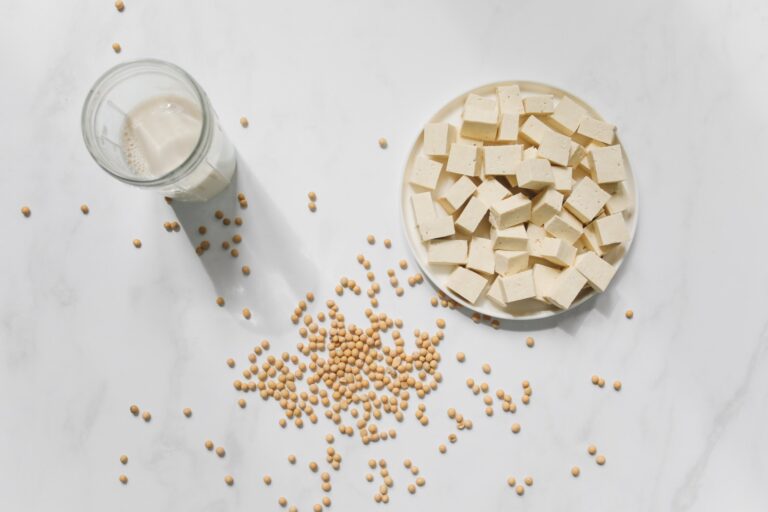 soybeans, glass of soy milk, and tofu