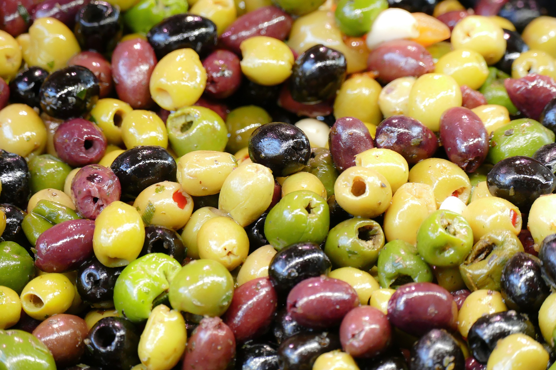 Close up view of different types of olives